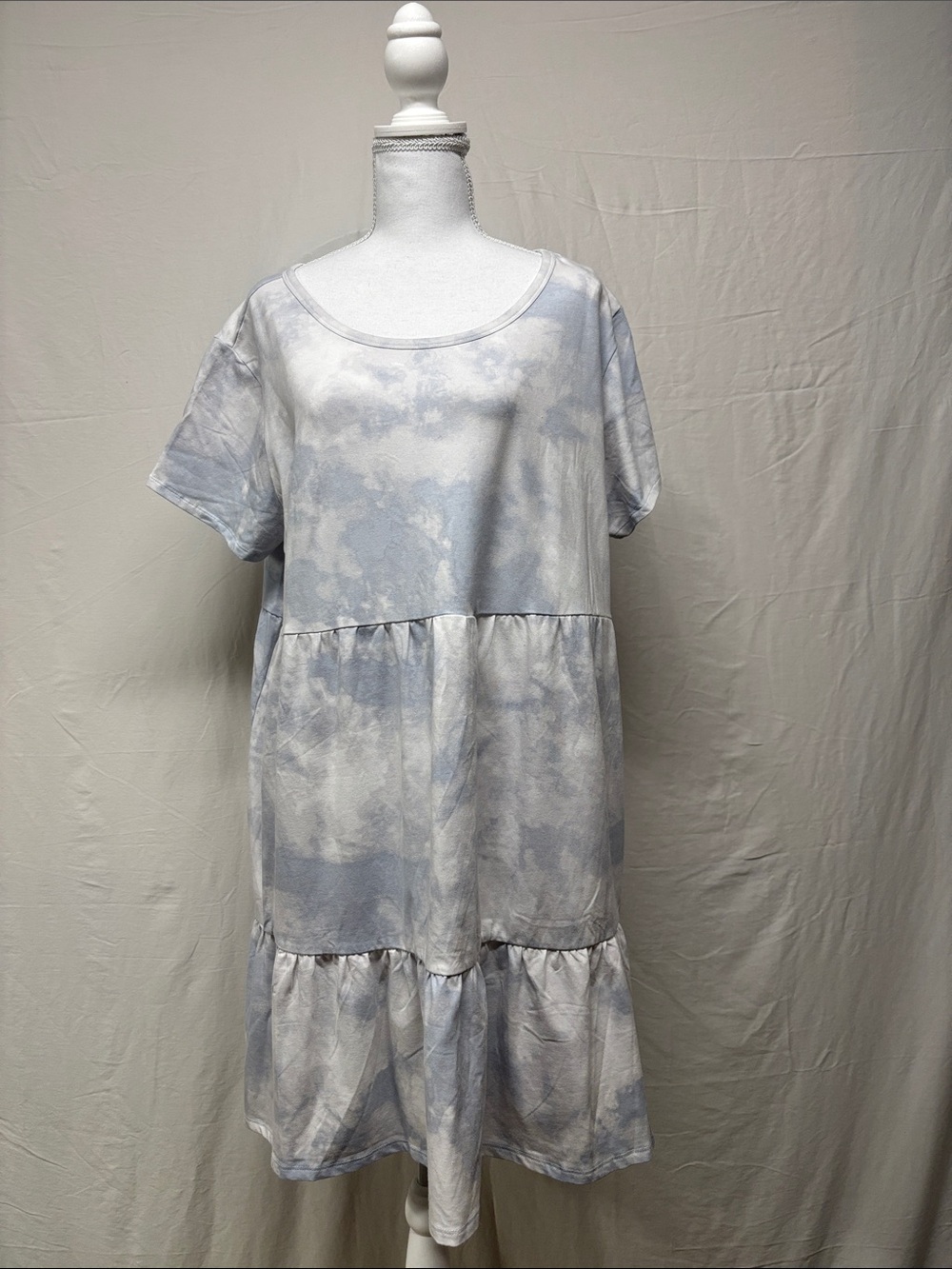 Maurices Light Blue and White Tie-Dye Tiered Mini Dress